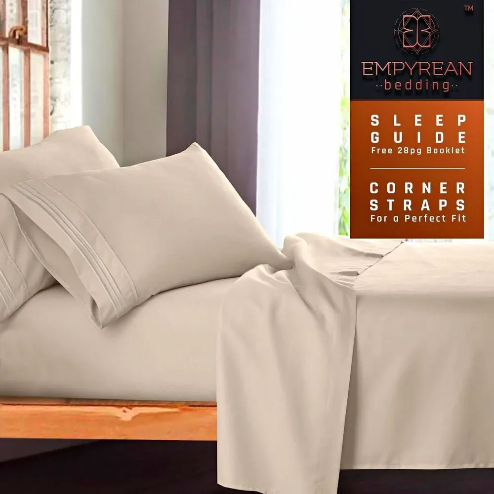 Empyrean Bedding Microfiber Sheet Set King Beige Solid Corner Straps OEKO-TEX